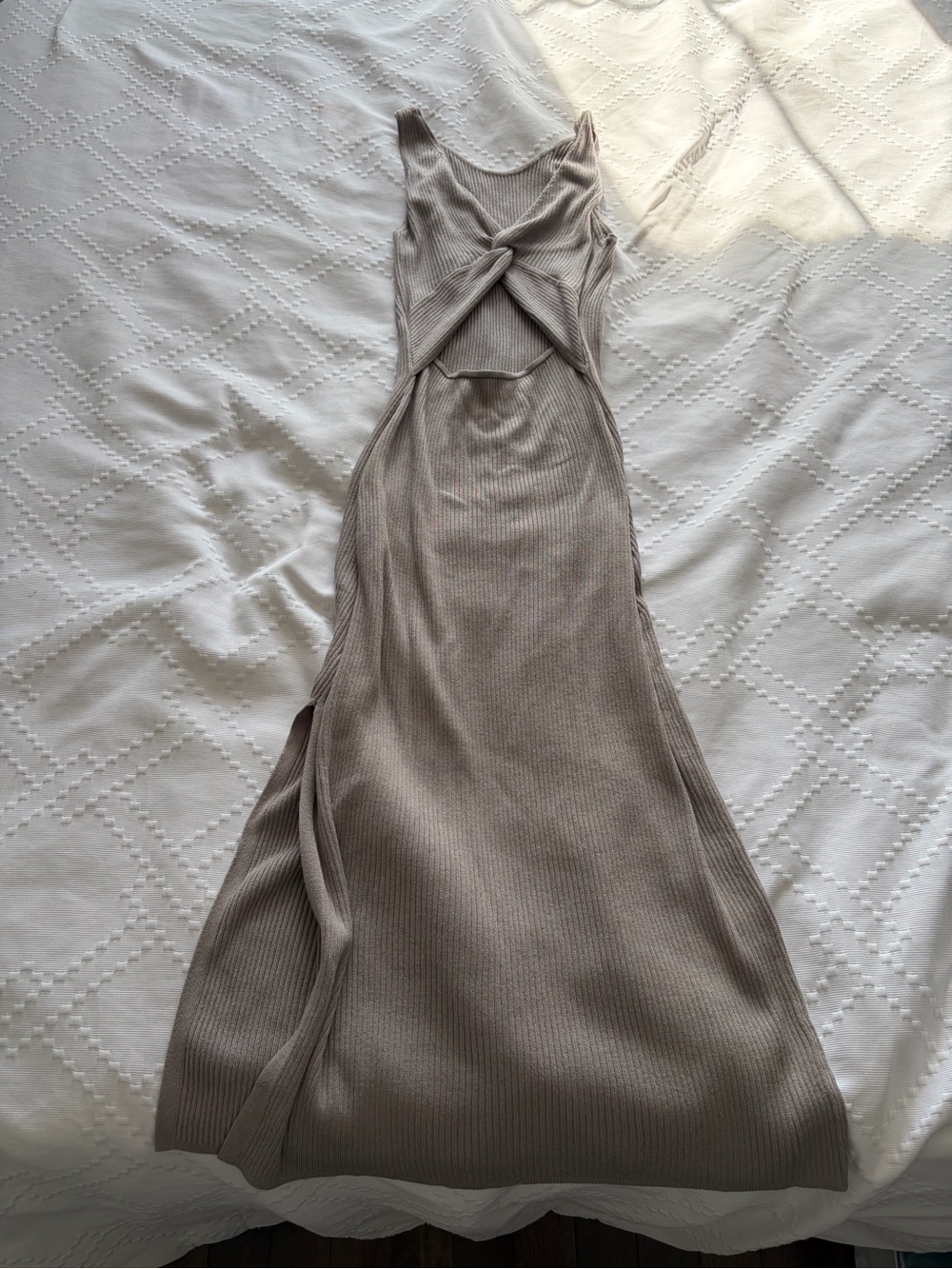 Freshman Ribbed Twist-Front Maxi Dress in Taupe Gray